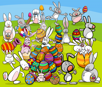 Cartoon Illustration of Happy Easter Bunny Characters with Colored Eggs