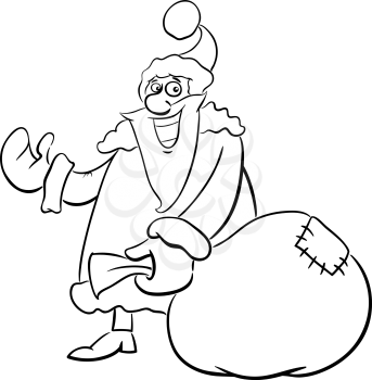 Black and White Cartoon Illustration of Santa Claus with Sack of Gifts on Christmas for Coloring Book