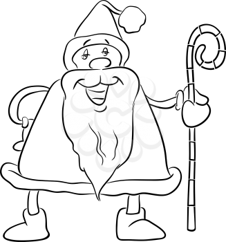 Black and White Cartoon Illustration of Santa Claus with Cane on Christmas Time for Coloring Book