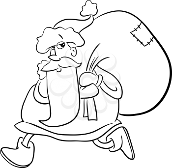 Black and White Cartoon Illustration of Santa Claus Walking with Sack of Gifts on Christmas for Coloring Book