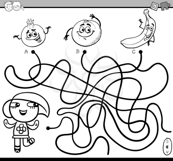 Black and White Cartoon Illustration of Educational Paths or Maze Puzzle Activity with Little Girl and Fruits Coloring Book