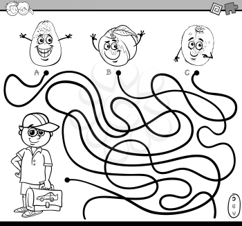 Black and White Cartoon Illustration of Educational Paths or Maze Puzzle Activity with School Boy and Fruits Coloring Book