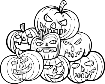 Black and White Cartoon Illustration of Halloween Pumpkins or Jack Lantern Group Coloring Book