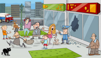 Cartoon Illustration of Street Situation with Running Thief and Onlookers People