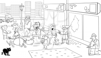 Black and White Cartoon Illustration of Street Situation with Running Thief and Onlookers People for Coloring Book