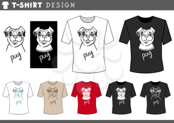 Illustration of T-Shirt Design Template with Funny Cartoon Pug Dog