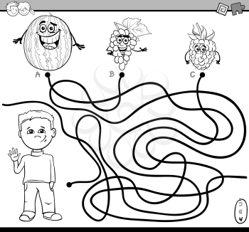 Black and White Cartoon Illustration of Educational Paths or Maze Puzzle Activity with Kid Boy and Fruits Coloring Book