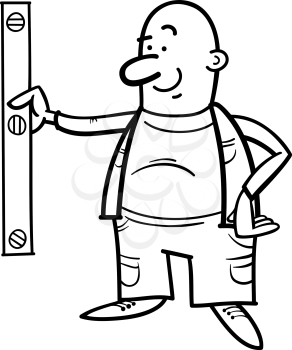 Black and White Cartoon Illustration of Worker with Spirit Level or Measuring Coloring Book