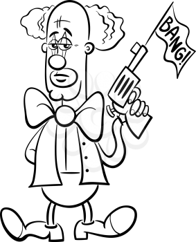 Black and White Cartoon Illustration of Funny Clown Circus Character with Fake Gun Coloring Book