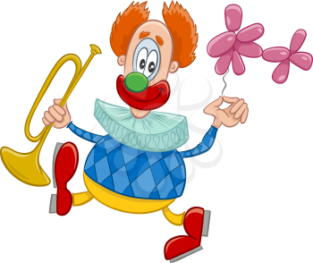 Cartoon Illustration of Funny Clown Circus Character with Trumpet and Balloon on the Show