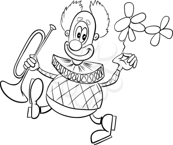 Black and White Cartoon Illustration of Funny Clown Circus Character with Trumpet and Balloon Coloring Book