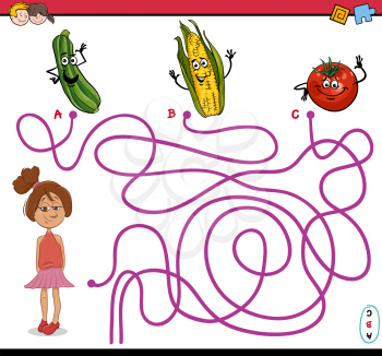 Cartoon Illustration of Educational Paths or Maze Puzzle Activity with Girl and Vegetables