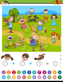Cartoon Illustration of Educational Mathematical Counting and Addition Activity Task for Children with Kids and Dogs