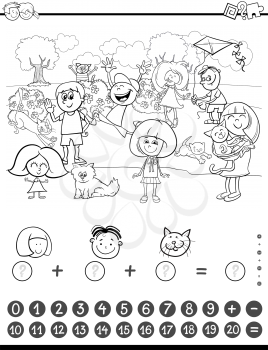 Black and White Cartoon Illustration of Educational Mathematical Counting and Addition Activity Task for Children with Kids and Cats Coloring Book