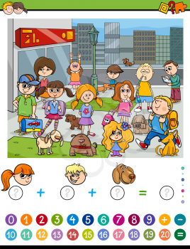Cartoon Illustration of Educational Mathematical Counting and Addition Activity Task for Children with Kids and Dogs in the City