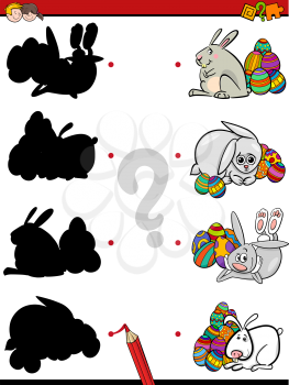 Cartoon Illustration of Educational Shadow Task for Children with Easter Bunny Characters