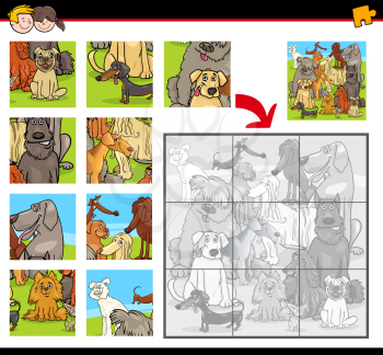 Cartoon Illustration of Education Jigsaw Puzzle Activity for Preschool Children with Dogs Animal Characters