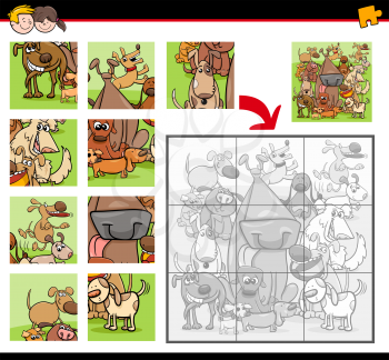 Cartoon Illustration of Education Jigsaw Puzzle Activity Task for Preschool Children with Dog Characters