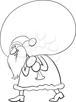 Black and White Cartoon Illustration of Santa Claus with Huge Sack of Presents on Christmas Coloring Book