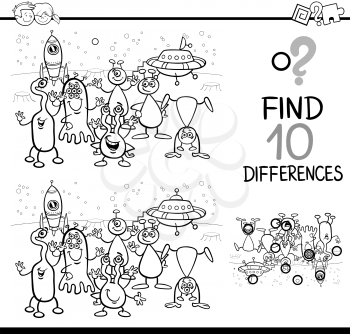 Black and White Cartoon Illustration of Finding Differences Educational Activity for Children with Alien Fantasy Characters Coloring Book