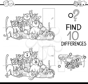 Black and White Cartoon Illustration of Finding Differences Educational Activity for Children with Cats Animal Characters Coloring Book