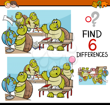 Cartoon Illustration of Finding Differences Educational Activity Game for Children with Turtle Student Characters