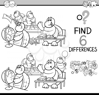 Black and White Cartoon Illustration of Finding Differences Educational Activity Game for Children with Turtle Pupil Characters Coloring Book