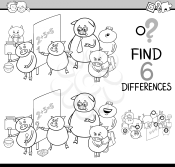 Black and White Cartoon Illustration of Finding Differences Educational Activity Game for Children with Piglet Student Characters Coloring Book