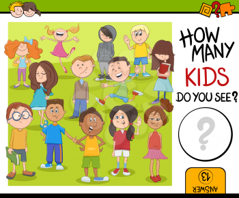 Cartoon Illustration of Educational Counting or Calculating Task for Children with Kid Characters Crowd