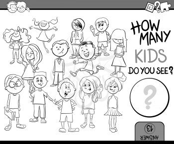 Black and White Cartoon Illustration of Educational Counting or Calculating Task for Children with Kid Characters Crowd Coloring Book