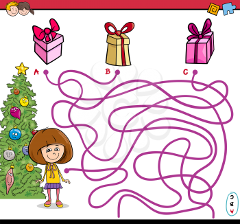 Cartoon Illustration of Educational Paths or Maze Puzzle Activity with Little Girl and Christmas Presents
