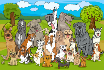 Cartoon Illustration of Purebred Dogs Large Group against Rural Landscape or Park Scene