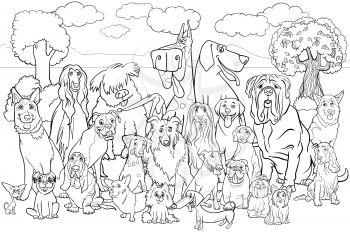 Black and White Cartoon Illustration of Purebred Dogs Large Group against Park Scene Coloring Book