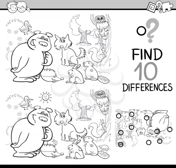 Black and White Cartoon Illustration of Finding Differences Educational Activity Task for Kids with Forest Animal Characters Coloring Book