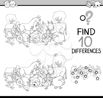 Black and White Cartoon Illustration of Finding Differences Educational Activity Task for Kids with Farm Animal Characters Coloring Book