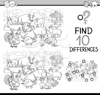 Black and White Cartoon Illustration of Finding Differences Educational Activity Game for Children with Farm Animal Characters Coloring Book