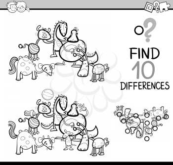 Black and White Cartoon Illustration of Finding Differences Educational Activity Game for Children with Fantasy Characters Coloring Book
