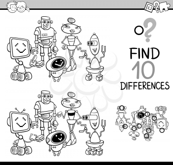 Black and White Cartoon Illustration of Finding Differences Educational Activity for Children with Robots Fantasy Characters Coloring Book