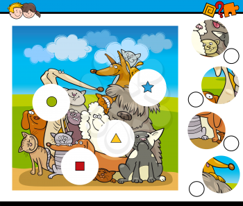 Cartoon Illustration of Educational Match the Elements Game for Children with Dog Characters