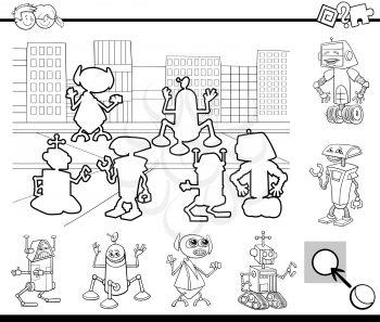Black and White Cartoon Illustration of Educational Activity Task for Children with Robot Characters Coloring Book