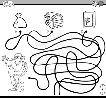 Black and White Cartoon Illustration of Educational Paths or Maze Puzzle Activity with Pirate Character and Treasures Coloring Book