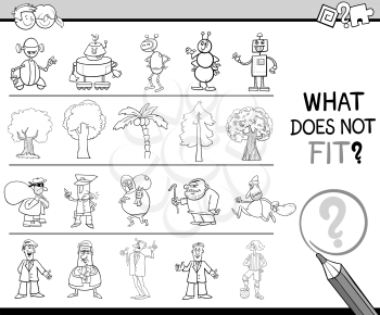 Black and White Cartoon Illustration of Finding Improper Item in the Row Educational Activity for Children Coloring Book