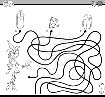 Black and White Cartoon Illustration of Educational Paths or Maze Puzzle Activity with Witch Character Coloring Book
