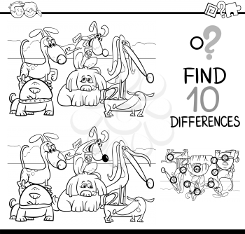 Black and White Cartoon Illustration of Finding Differences Educational Activity for Children with Dogs Animal Characters Coloring Book
