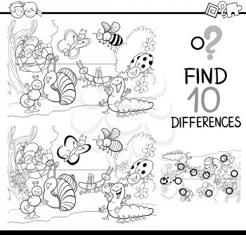 Black and White Cartoon Illustration of Finding Differences Educational Activity for Children with Insect Characters Coloring Book