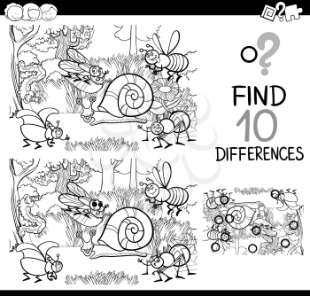 Black and White Cartoon Illustration of Finding Details Educational Activity for Children with Insect and Bugs Characters Coloring Book