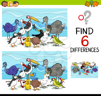 Cartoon Illustration of Finding Differences Educational Activity Game for Children with Birds Animal Characters