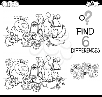 Black and White Cartoon Illustration of Finding the Details Educational Activity for Children with Dogs Pet Animal Characters Coloring Book