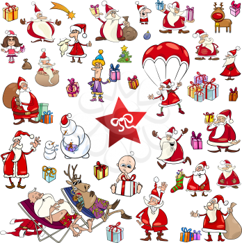 Cartoon Illustration of Christmas Characters and Design Elements Set