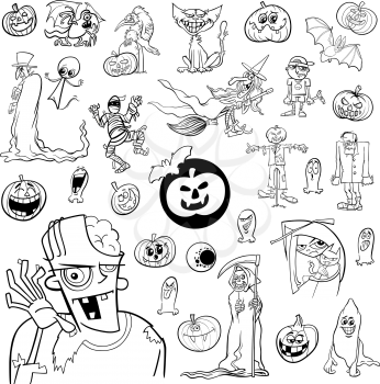 Black and White Cartoon Illustration of Halloween Holiday Themes and Design Elements Set